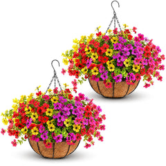 Geegoods artificial hanging basket with mixed colour mums flowers front view