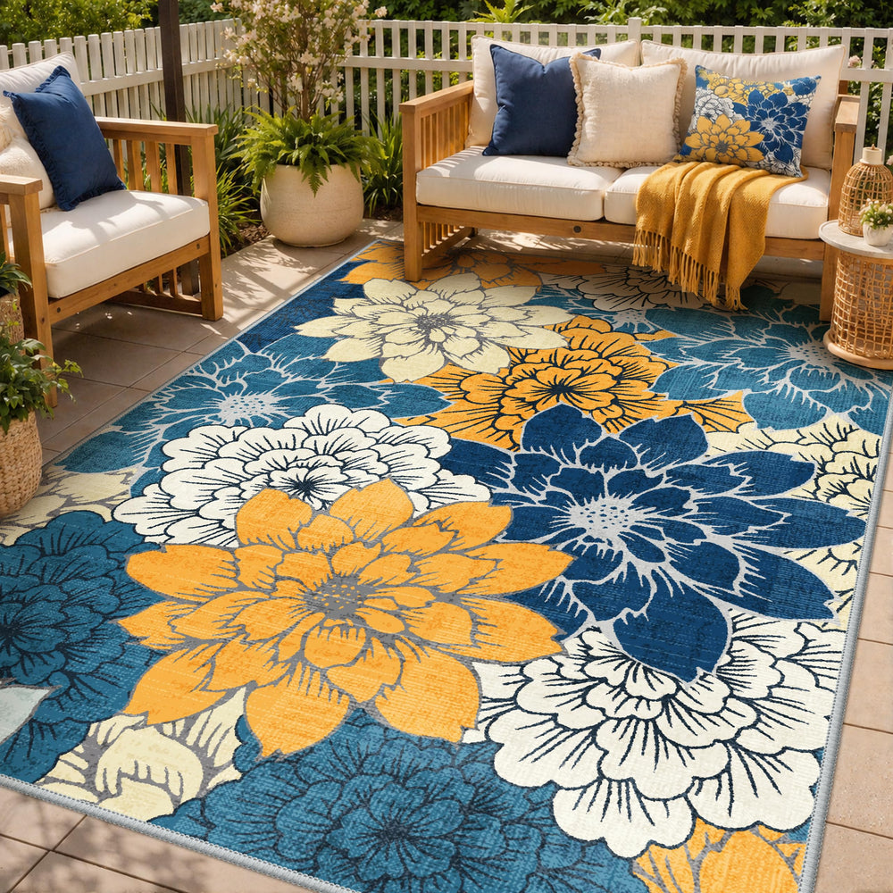 GENIMO 4x6 Outdoor Rug in blue with floral design