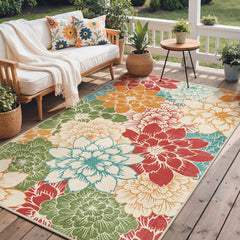 GENIMO 5x8 outdoor rug in Rust Teal with floral pattern