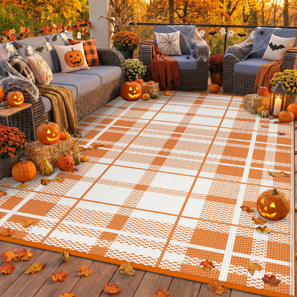 GENIMO 6'x9' orange check outdoor rug front view