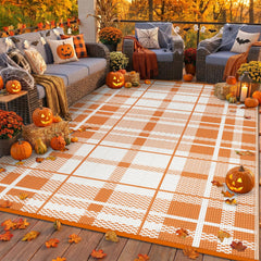 GENIMO 6'x9' orange check outdoor rug front view