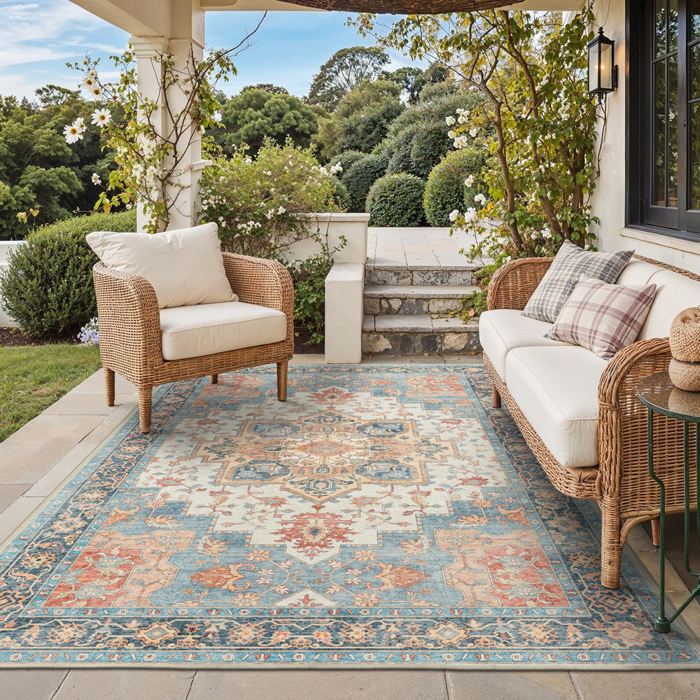 GENIMO Indoor Outdoor Rug 6'x9' Peach Blue front view