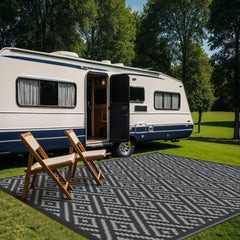 GENIMO Outdoor Rug 10'x10' black grey rolled up for storage