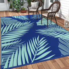 GENIMO Outdoor Rug 10'x14' navy and green palm leaf design front view