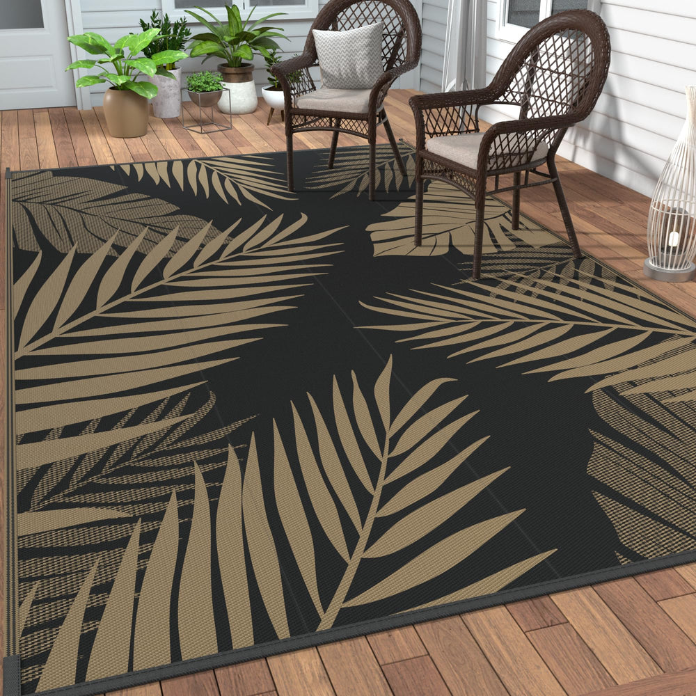 GENIMO Outdoor Rug 4'x6' Black Brown Palm Leaf Design front view