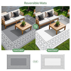 GENIMO Outdoor Rug 5'x8' grey and white in camping setup