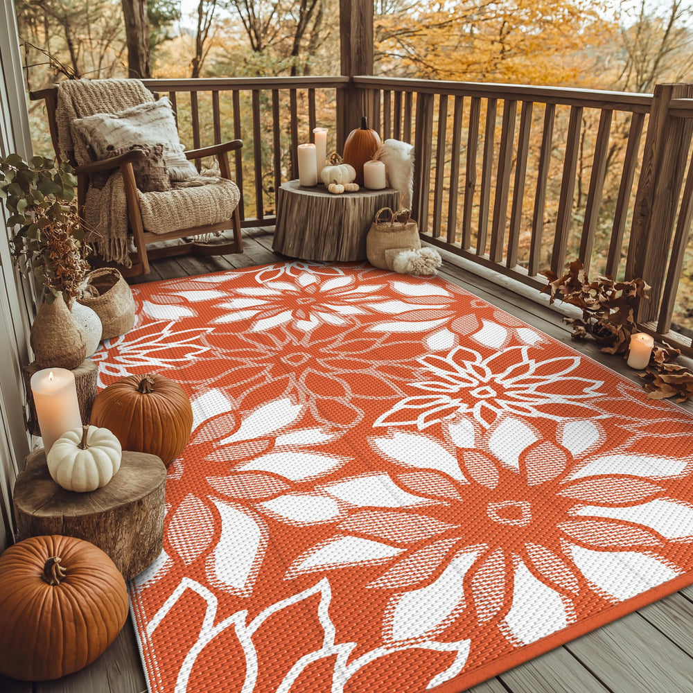GENIMO Outdoor Rug 6' x 9' orange and white design front view