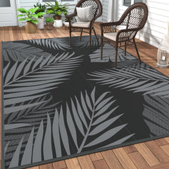 GENIMO Outdoor Rug 6'x9' black grey palm leaf design front view