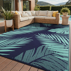 GENIMO outdoor rug 8'x10' blue green palm leaf design front view