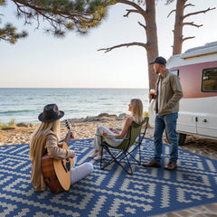 GENIMO Outdoor Rug 8'x10' blue grey showing reversible patterns