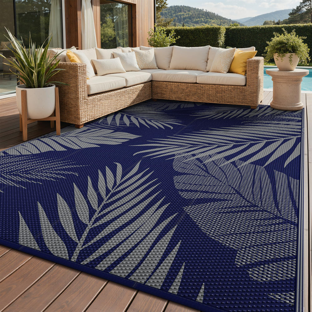 GENIMO Outdoor Rug 9'x12' blue and grey palm leaf design front view