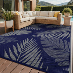 GENIMO Outdoor Rug 9'x12' blue and grey palm leaf design front view