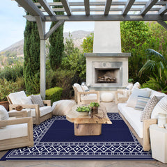 GENIMO outdoor rug displayed on a patio with furniture
