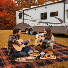GENIMO outdoor rug laid out on patio with furniture