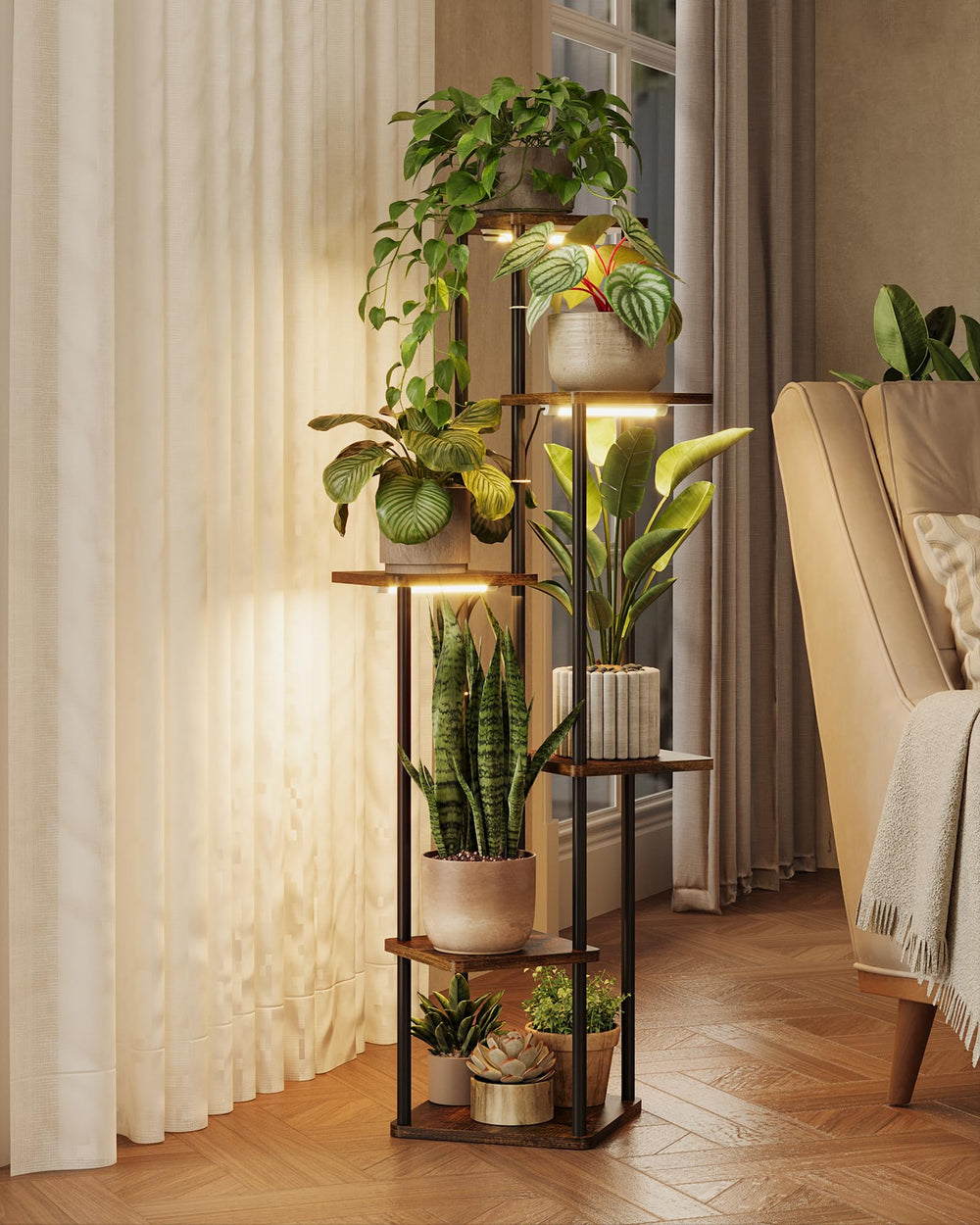 GENTINGBRO 6 Tier Plant Stand in Brown Oak front view