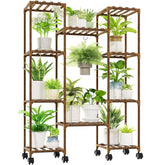 GENTINGBRO Plant Stand with Wheels, brown eucalyptus wood front view