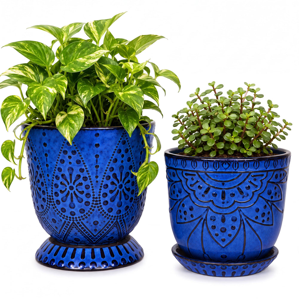 Gepege 6-inch ceramic plant pot set in blue with drainage holes