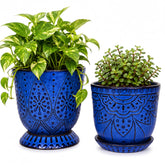 Gepege 6-inch ceramic plant pot set in blue with drainage holes