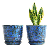 Gepege Ceramic Plant Pot Set of 2, Blue with Saucer