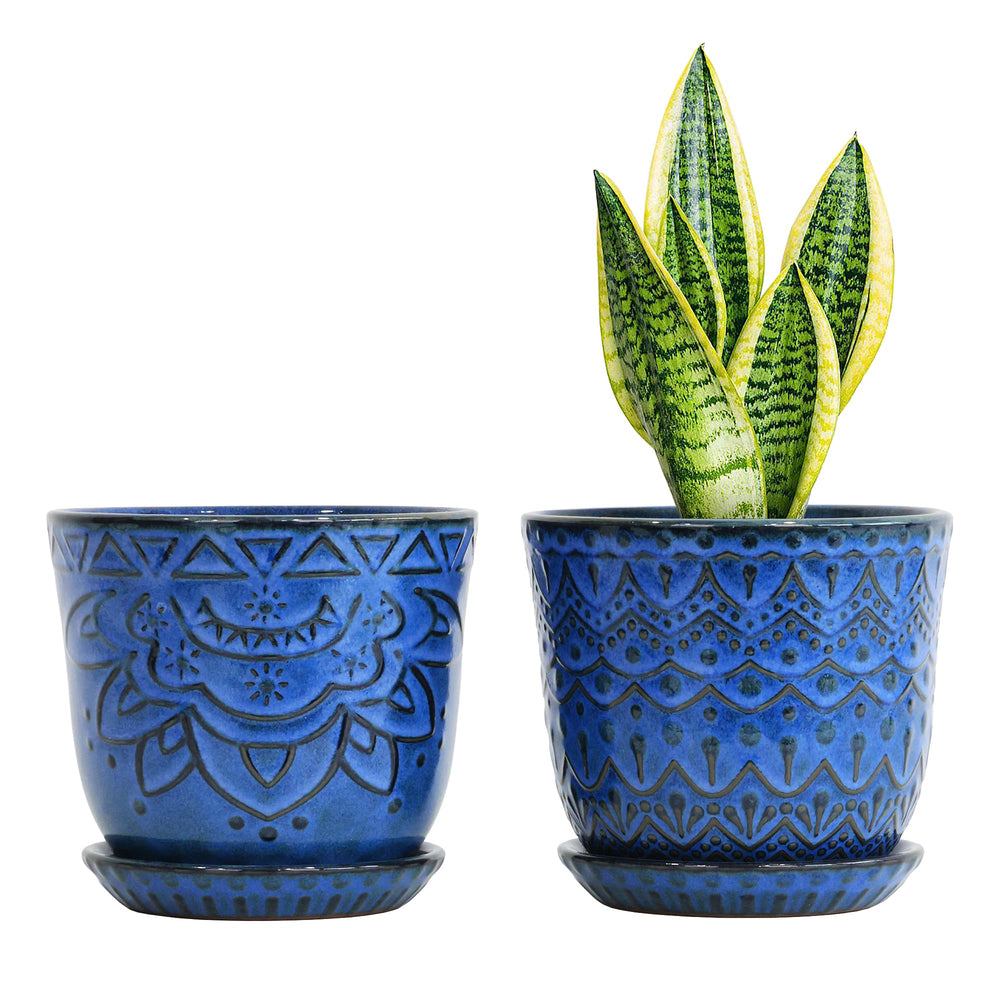 Gepege Ceramic Plant Pots set of 2, 6 inch blue with saucers