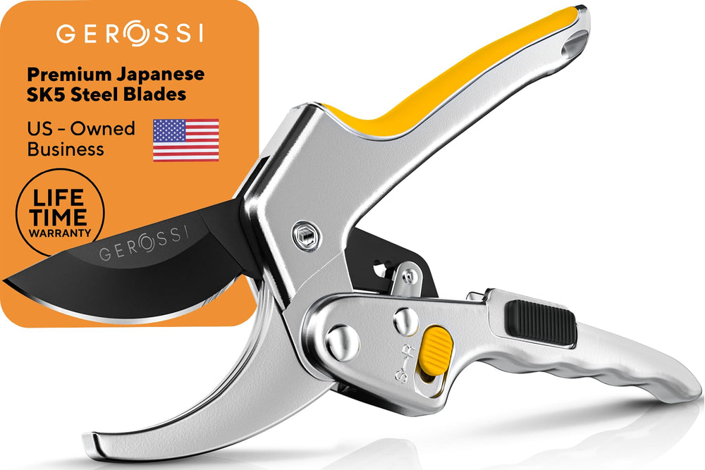 GEROSSI Ratchet Pruning Shears front view with ergonomic handles