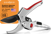 GEROSSI Ratchet Pruning Shears front view with silver-red handles