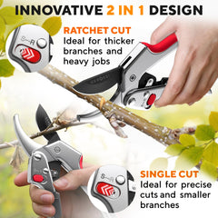GEROSSI Ratchet Pruning Shears in a garden setting with flowers