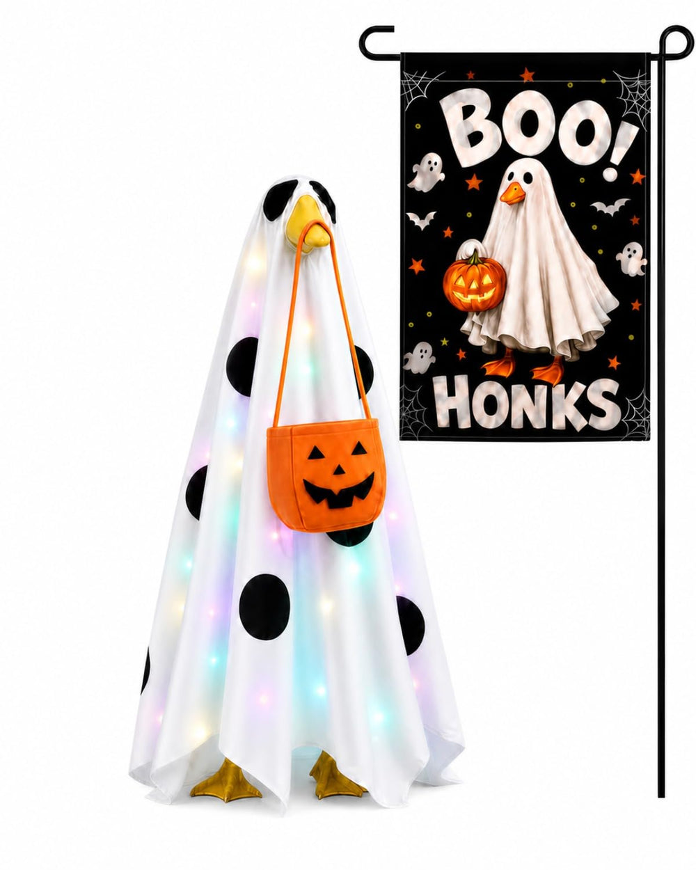 GigaCircle Halloween Lighted Goose Costume with ghost outfit on porch statue