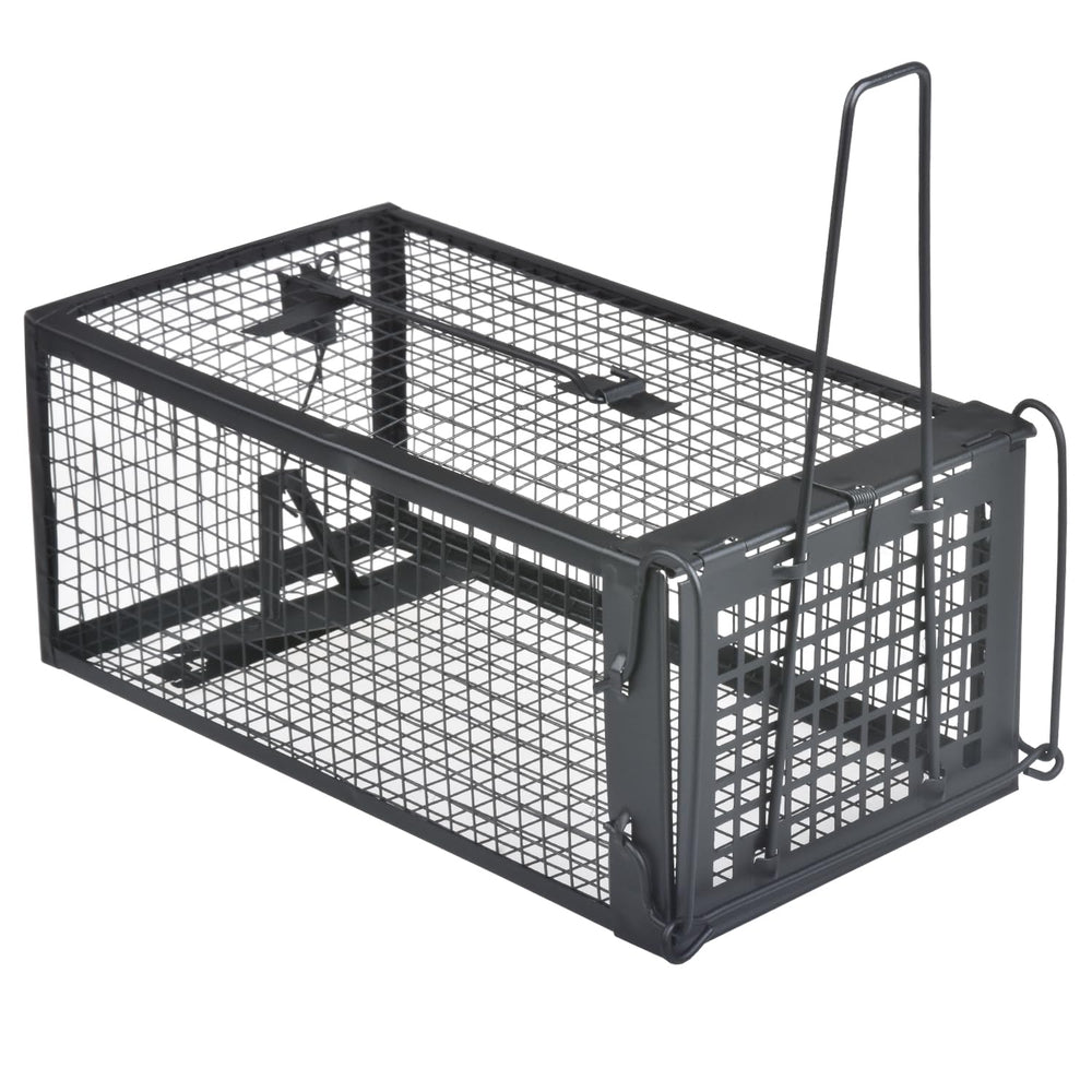 Gingbau Live Chipmunk Rat Trap front view, black galvanized iron