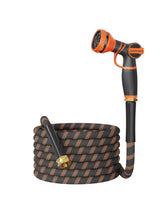 Giraffe Tools 25ft Garden Hose front view, black and orange