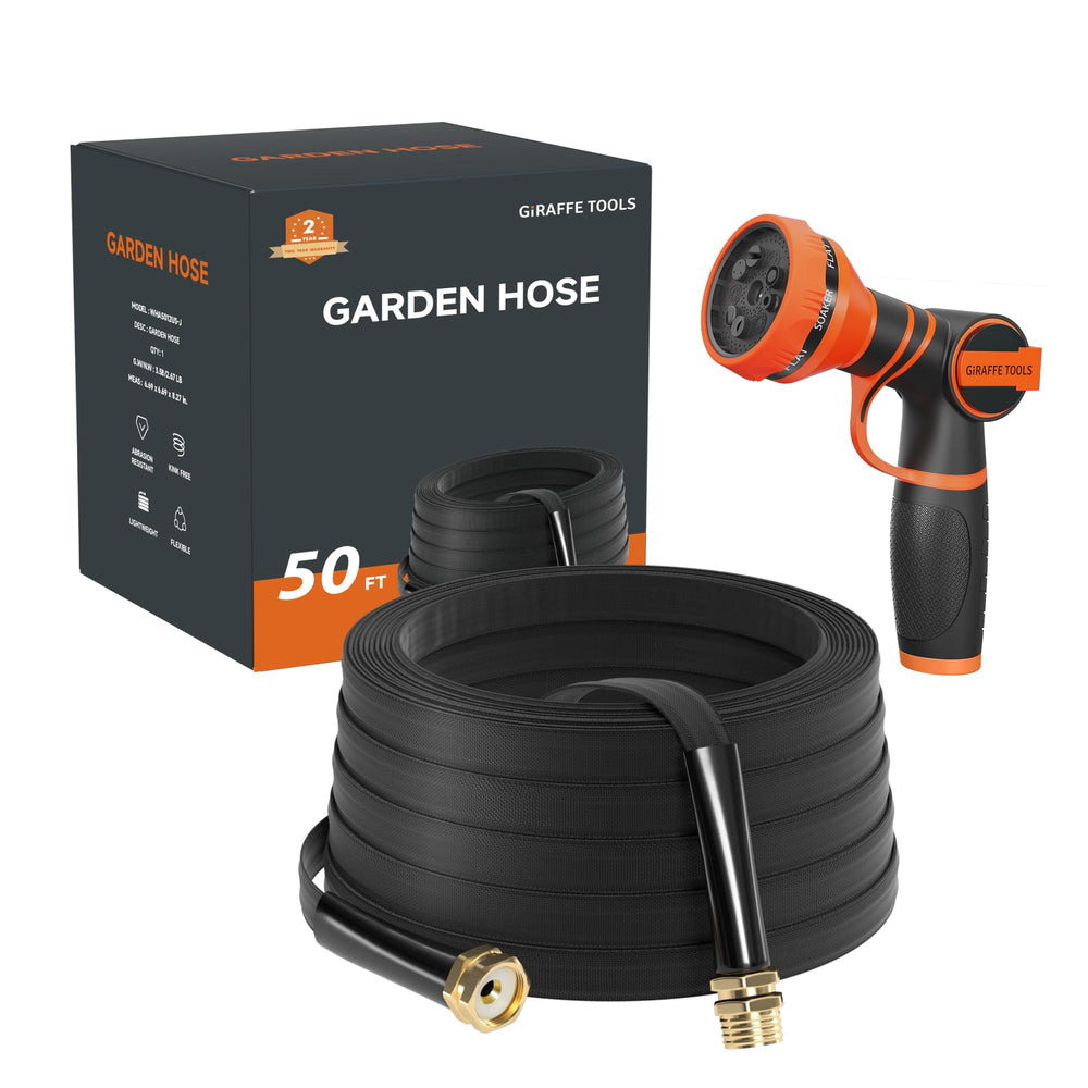 Giraffe Tools 50FT garden hose front view, black color