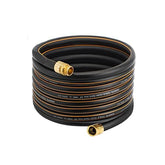 Giraffe Tools 50ft garden hose in black and orange, coiled