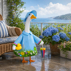 GJL raincoat porch goose outfit displayed on a lawn