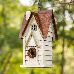 Glitzhome birdhouse showing the back panel with concealed door for easy cleaning