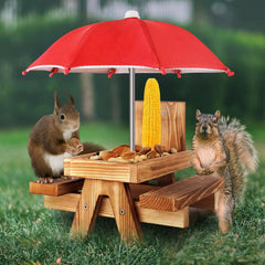 Gnodry Squirrel Feeder with bright-red umbrella front view