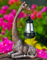 Goodeco 11-inch copper giraffe statue with solar lantern front view