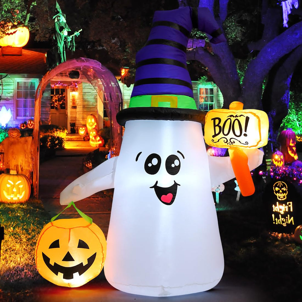 GOOSH 5 FT Halloween inflatable ghost with pumpkin and Boo sign