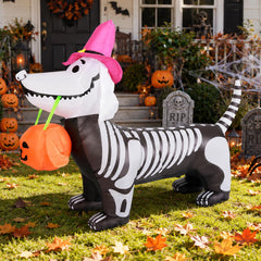 GOOSH 5 FT Halloween Skeleton Puppy inflatable at night with lights