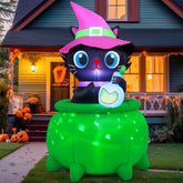 GOOSH 6 FT Halloween inflatable cat with witch cauldron front view