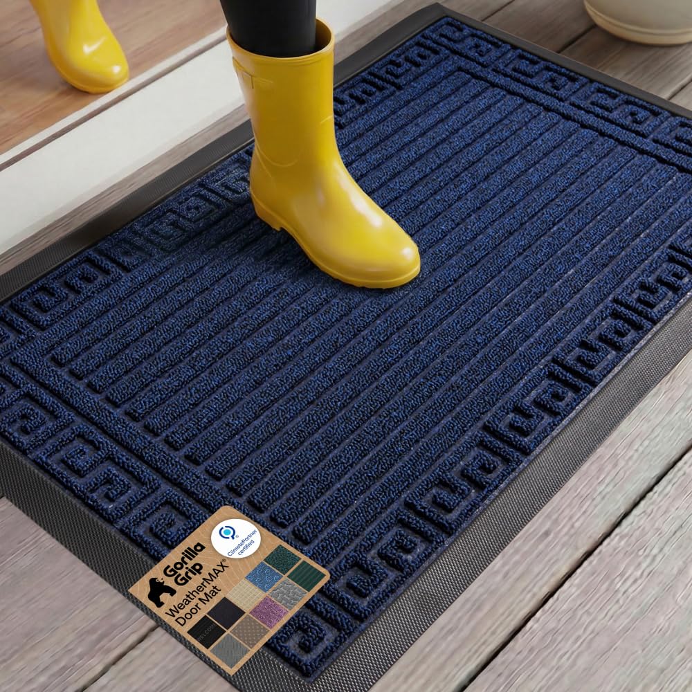 GORILLA GRIP WeatherMAX Door Mat front view Navy Greek Keys