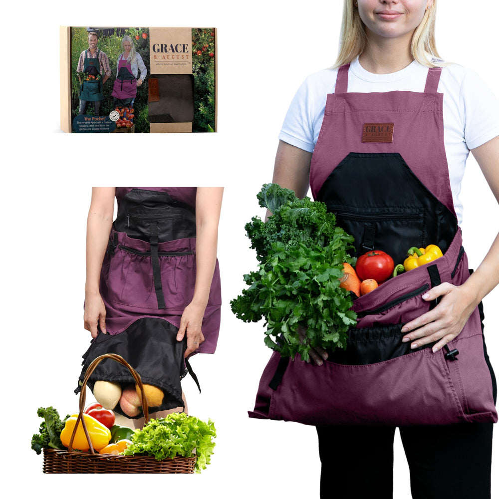 Grace and August Gardening Apron front view in aubergine
