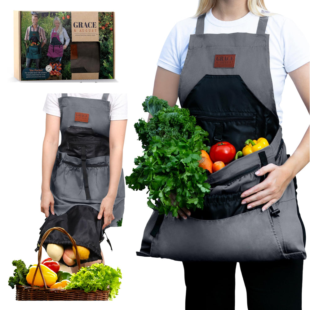 Grace and August Gardening Apron with bottom-release pouch in grey pumpkin
