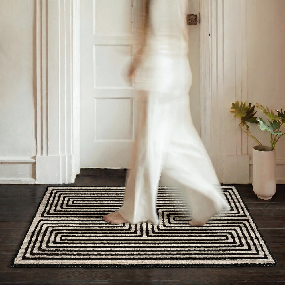 GRANNY SAYS Indoor Outdoor Doormat front view in khaki-wavy stripes
