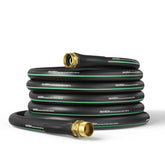GreatBuddy 50 ft garden hose front view, black rubber material