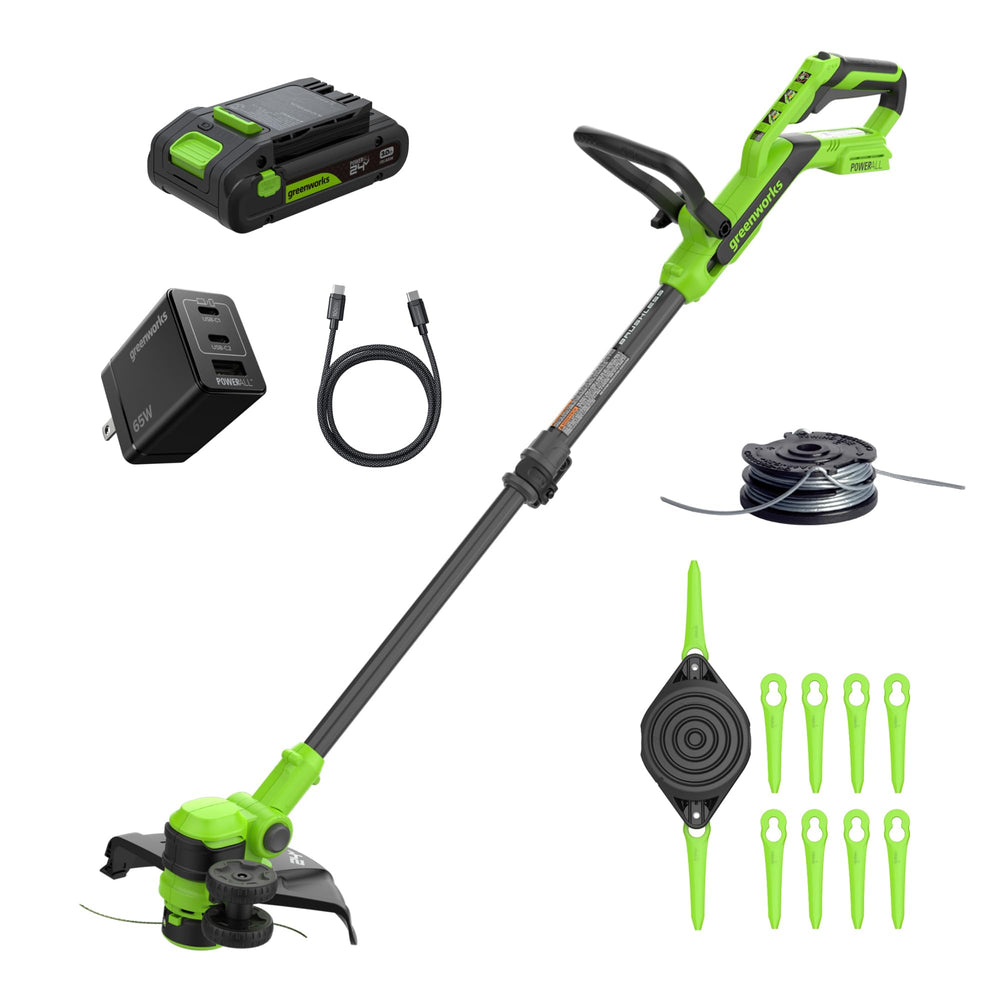 Greenworks 24V 12" String Trimmer front view with battery