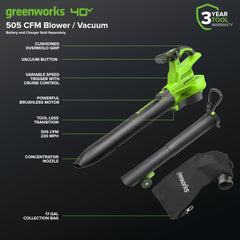 Greenworks 40V Leaf Blower/Vacuum side view