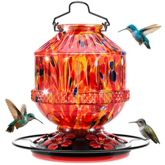 Grete Gotye Blown Glass Hummingbird Feeder front view, Sunrise Red