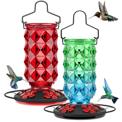 Grete Gotye glass hummingbird feeder front view, red and greenblue