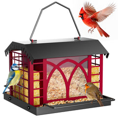 Grete Gotye Metal Bird Feeder front view, berry red