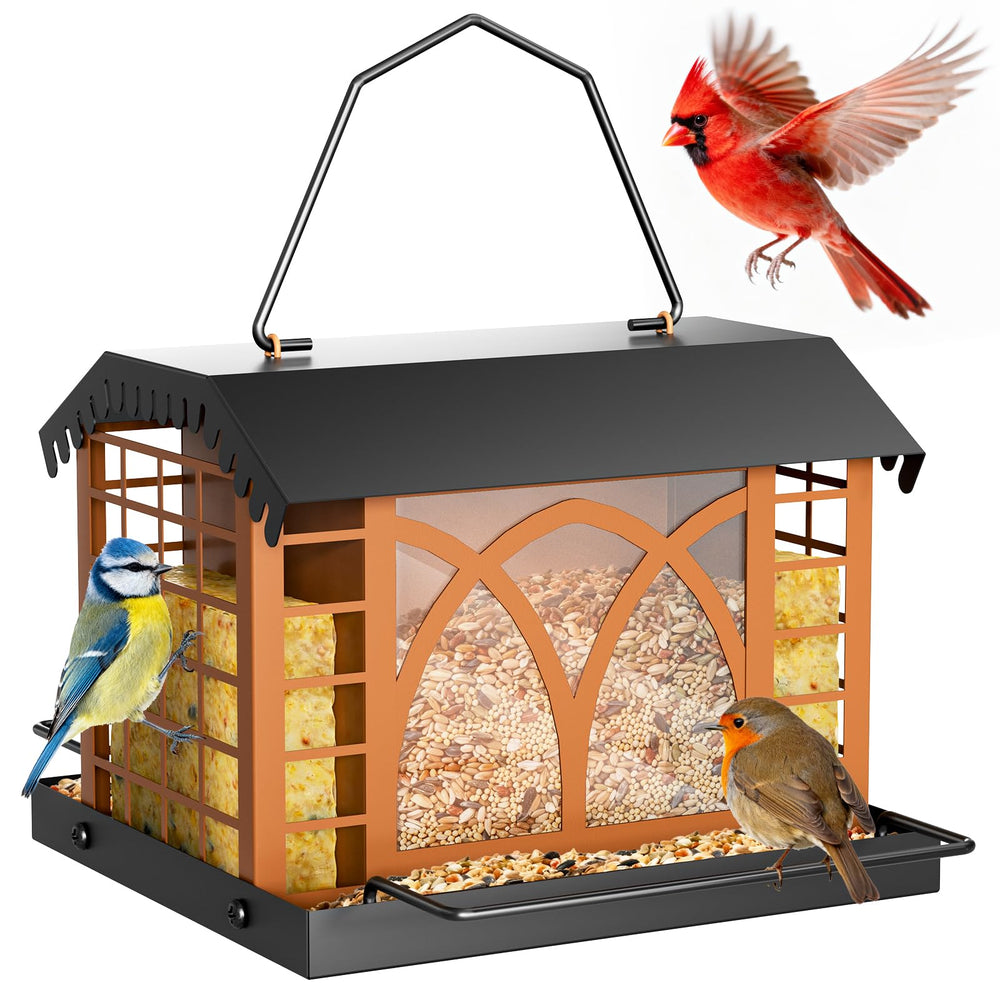 Grete Gotye Metal Bird Feeder front view in Pinecone Brown